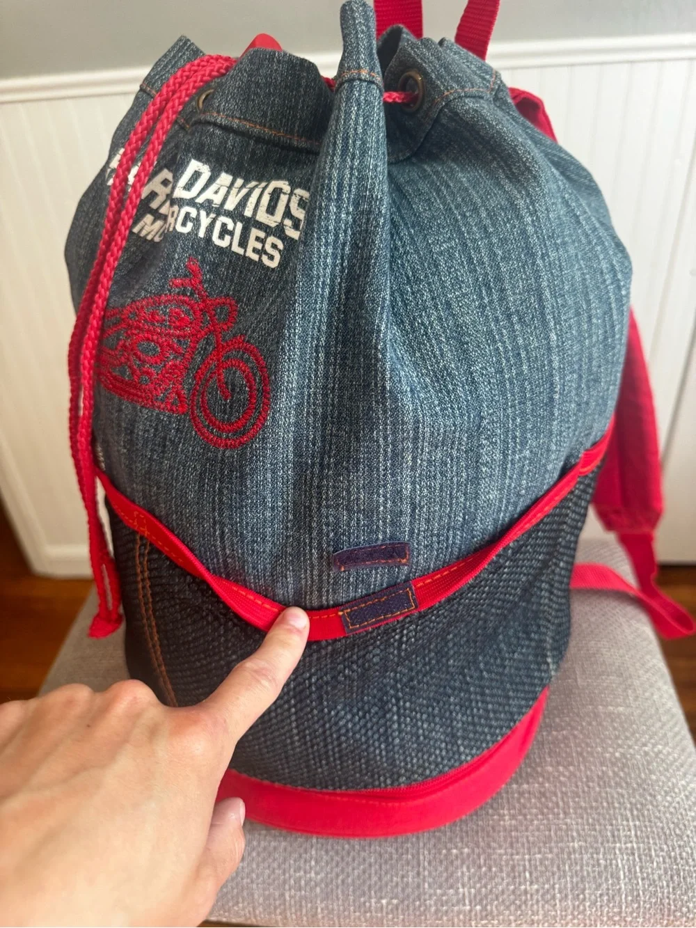 Vintage Harley-Davidson Denim Backpack with Red Trim and Motorcycle Embroidery